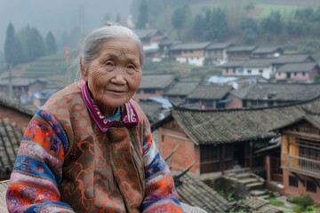 Portrait of an elderly asian woman smiling outdoors in a rural village in the mountains of china