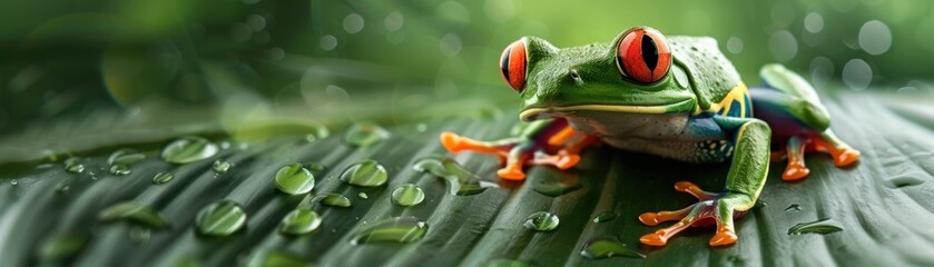 Wall Mural - Vibrant red-eyed tree frog resting on a dewy leaf in a lush, green rainforest, displaying its striking colors and intricate details.