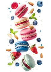 Canvas Print - Flying colored macaroons with mint leaves, almonds and blueberries. Levitating colored macaroons with different flavors