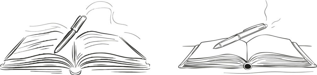 Poster - The drawing shows an open book. Education in a school or library is depicted in a simple linear style. Doodled contours and a writing draft are included in this modern illustration.