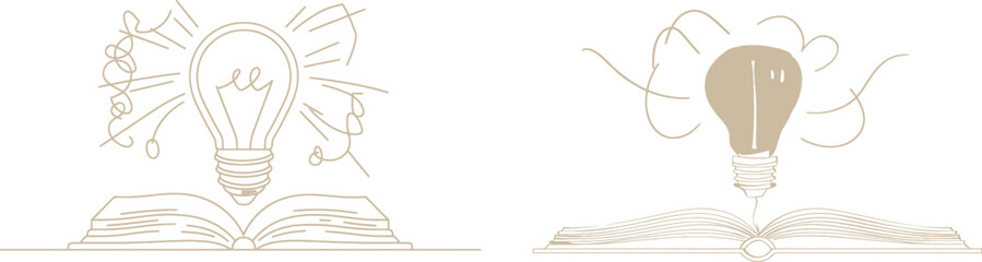 Poster - The light bulb above is a continuous line illustration. Knowledge and creativity concepts are shown in linear style. Reading and writing concepts are shown in editable strokes. A modern outline