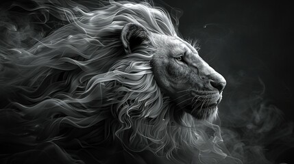   A monochrome image of a majestic lion with a plume of smoke emanating from its maw