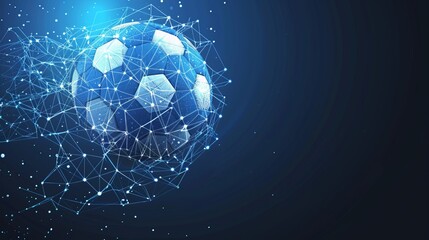 Wall Mural - this image displays a blue wireframe soccer ball floating in a luminous digital space, symbolizing t