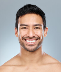 Wall Mural - beauty, grooming and smile with portrait of man in studio on gray background for cosmetic wellness. 