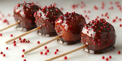 Wall Mural - Four caramel apples dipped in chocolate and red sprinkles