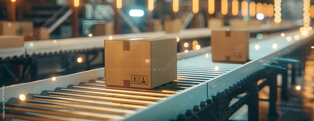 Conveyor belt with cardboard boxes in a modern warehouse; efficient ...