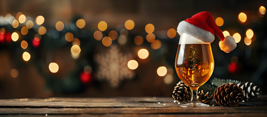 Festive holiday beer with Santa hat on glass, pinecones, and bokeh lights in the background creating a warm Christmas ambiance.