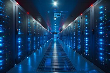 Wall Mural - A long hallway filled with rows of servers.