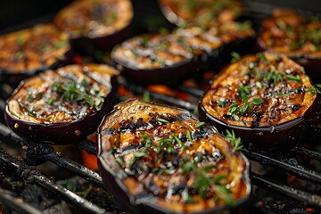 Wall Mural - Grilled Eggplant Slices with Fresh Herbs on a Barbecue Grill