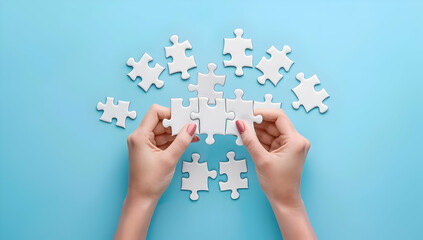 Hands fitting a central puzzle piece into place surrounded by other pieces on a blue background. Concept of problem solving and teamwork.