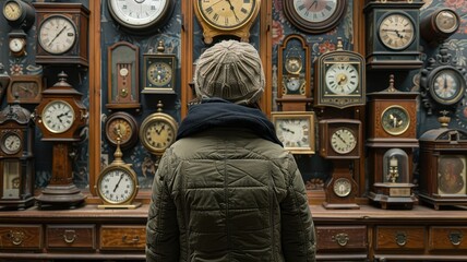 A person in a cozy jacket stands in front of a wall filled with various antique clocks, showcasing a fascination with time and vintage collections.