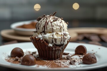 Wall Mural - Chocolate brownie cup filled with vanilla ice cream and topped with chocolate shavings drizzled with chocolate syrup