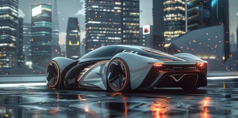 Sticker - A futuristic hypercar with an aerodynamic design, displayed against a backdrop of a high-tech city