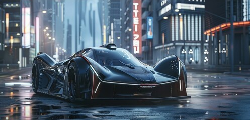 Poster - A futuristic hypercar with an aerodynamic design, displayed against a backdrop of a high-tech city