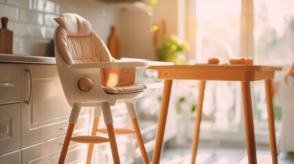 A modern white high chair for children in a bright kitchen with a blurred background, a cozy sitting area. Ideal for decorating a modern home, family dining areas and kitchen interiors.