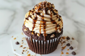 Wall Mural - Chocolate cupcake with caramel frosting drizzled with caramel and topped with chocolate pieces