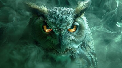 Wall Mural -   Close-up image of an owl with orange eyes on a hazy backdrop featuring a green smoky mist in the background