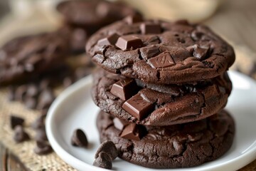 Sticker - Chocolate chunk cookies stacked high on white plate with chocolate chunks surrounding