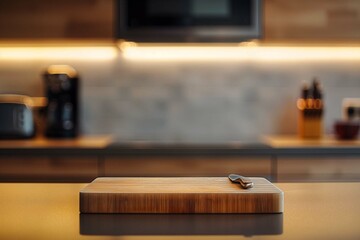 clean modern kitchen with a single cutting board and knife