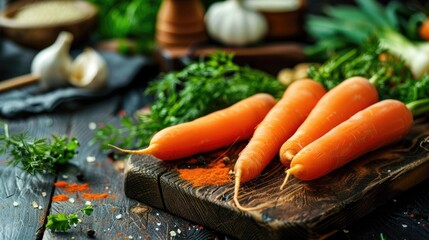 Poster - Carrots veggies spices and herbs on rustic cutting board for soup Healthy ingredients in styled image