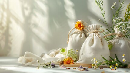 Sticker - Spa treated bags with flowers on table against light backdrop