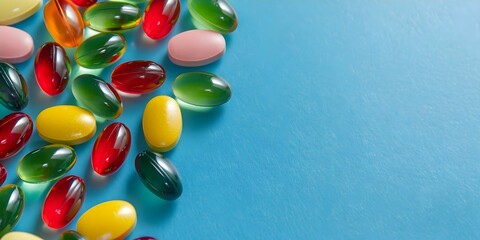 Colorful vitamin supplements in capsules and chewable gummies for effective multivitamin campaigns. Concept Multivitamins, Colorful Supplements, Capsules, Gummies, Health Campaigns