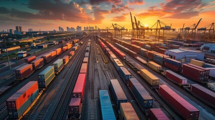 cargo transportation concept, train station near the port at sunset