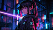 © White_Us - Futuristic 3D render anime cyberpunk characters cartoon video game magenta neon city lights night