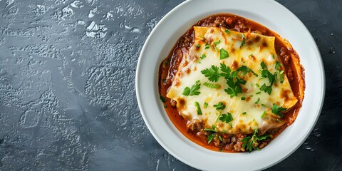 Poster - Closeup of homemade lasagna soup with minced meat in a plate. Concept Food Photography, Homemade Dish, Lasagna Soup, Minced Meat, Close-Up Shot