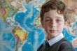 © ArtmediaworX - Schoolboy in front of the map of the world in geography class. Ai generative