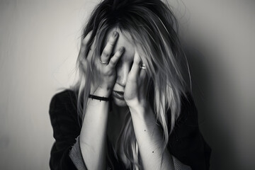 Wall Mural - Blonde girl covering her face with her left hand. Image in black and white noir. Depicting sad, worried, frustrated emotion, like the female messed up or is stressed about something, unhappy, unsure