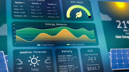 Poster - Solar power monitoring system, digital infographic data of green energy management app dashboard, clean renewable electricity technology, Net zero carbon emission home IoT user interface 3d rendering