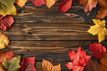 Autumn maple leaves over old wooden background with copy space