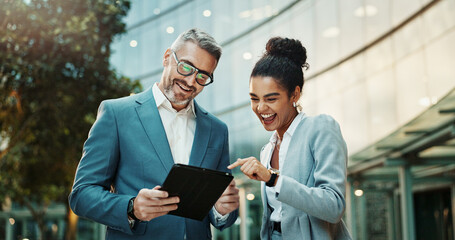 Poster - Business people, tablet and excited outdoor with manager for planning, meeting and travel together. Ceo, woman and technology in city with partnership for research, investment and corporate deal