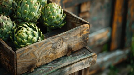 Poster - Artichokes arranged in wooden container