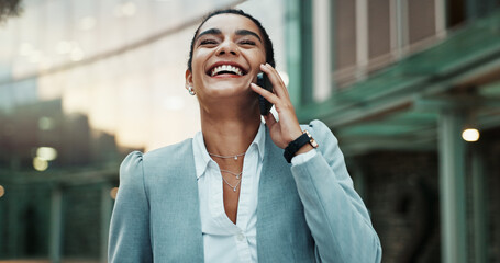 Wall Mural - Business, woman and laughing phone call in city, talking and negotiating with online or virtual client on mobile app. Outside, joke and listen for company deal, corporate career and funny discussion