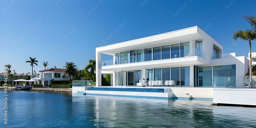 View of Luxury modern mansion with waterfront views in Los Angeles Ideal ...