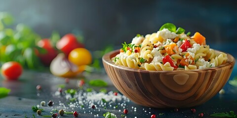 Wall Mural - Italian pasta with vegetables and cottage cheese in a bowl on table. Concept Italian Cuisine, Pasta Dishes, Cottage Cheese Recipes, Food Photography, Vegetarian Meals