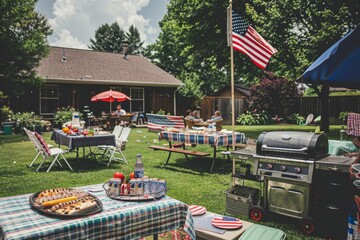 Fourth of July Celebration Table with Fireworks Background - AI Generated. Beautiful simple AI generated image in 4K, unique.