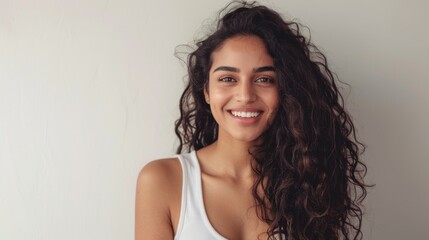 Wall Mural - Portrait of beautiful smiling Indian woman with long curly hair