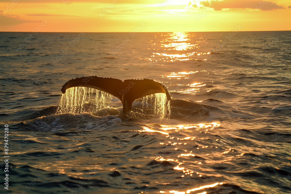 Humpback whale tail on ocean surface, at sunset. Stock Photo | Adobe Stock