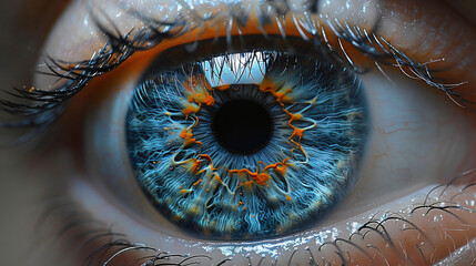 Close up of a eye Iris with Blue and Golden Colour Photography with Natural Light Ray Reflection.