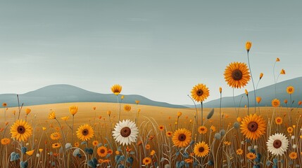 Poster - Abstract background of colorful nature scenes with vibrant floral patterns illustrating sunflower fields where the golden blooms create a radiant and cheerful landscape Illustration, Image, ,