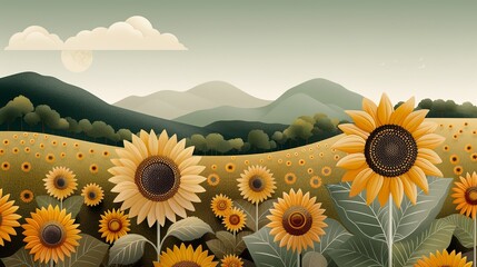 Poster - Abstract background of colorful nature scenes with vibrant floral patterns illustrating sunflower fields where the golden blooms create a radiant and cheerful landscape Illustration, Image, ,