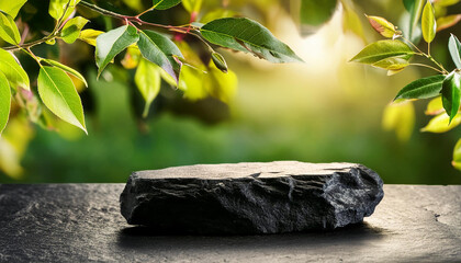 Wall Mural - Empty black stone podium. Stage pedestal for product presentation. Minimalist mock-up. Close-up.