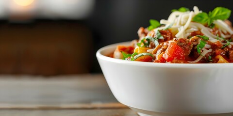 Wall Mural - Closeup view of white ceramic bowl with lasagna soup isolated. Concept Food Photography, Close-Up Shots, White Ceramic Bowl, Lasagna Soup, Isolated Shots