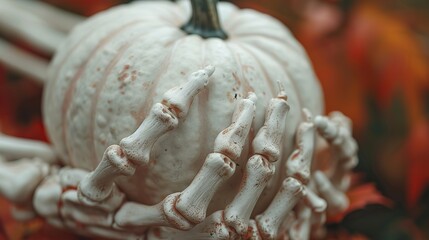 Wall Mural - skeleton hand,white pumpkin on red background happy halloween holiday concept,stock photo