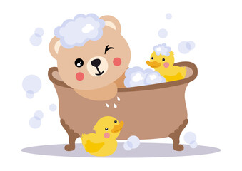 Sticker - Cute little teddy bear taking a bath