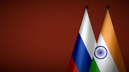 Wall Mural - 3D rendering of two flag from Russia and India on flagpoles with Red background for diplomatic. bilateral relations. peace and conflict between countries. Fabric