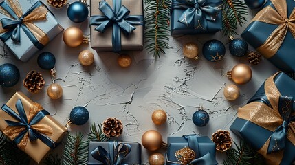 Wall Mural - luxury christmas banner design flat lay composition,blue,gold gift boxes christmas ornaments fir branches on white table top view,copy space,stock image